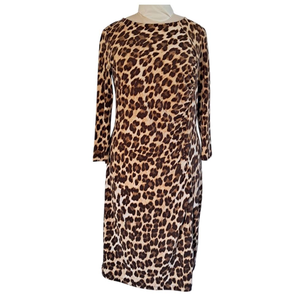 JENNIFER LOPEZ Leopard Animal Print Knit Dress Size L Bodycon Career Stretchy